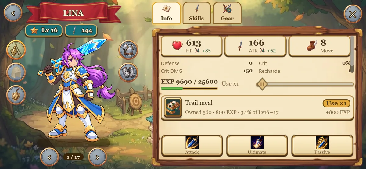 A hero with her stats and equipment in the Heroes screen.