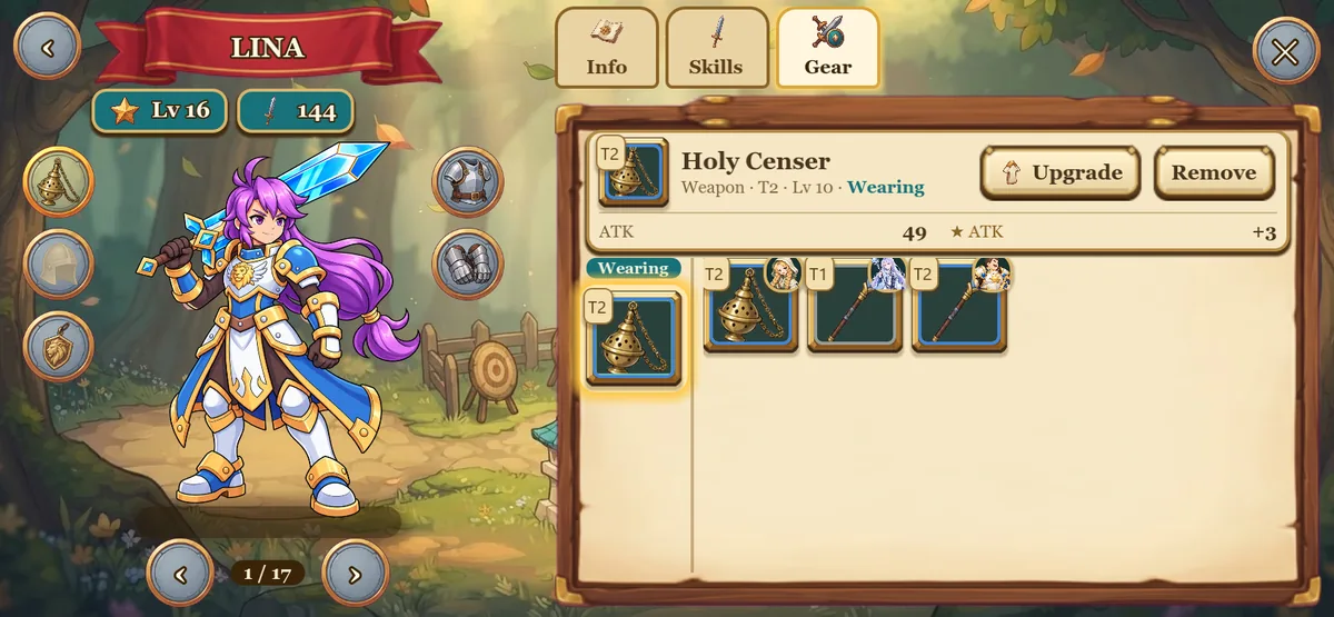 Lina on the Gear tab with a Holy Censer selected.
