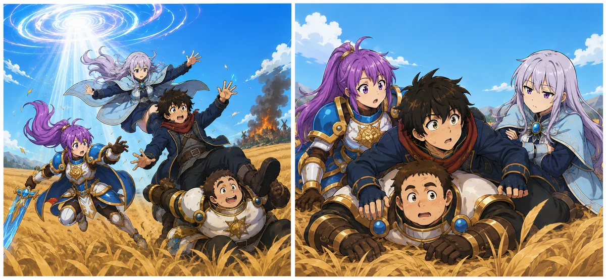 Kai, Lina, Pie and Emily tumble out of a portal into a wheat field.