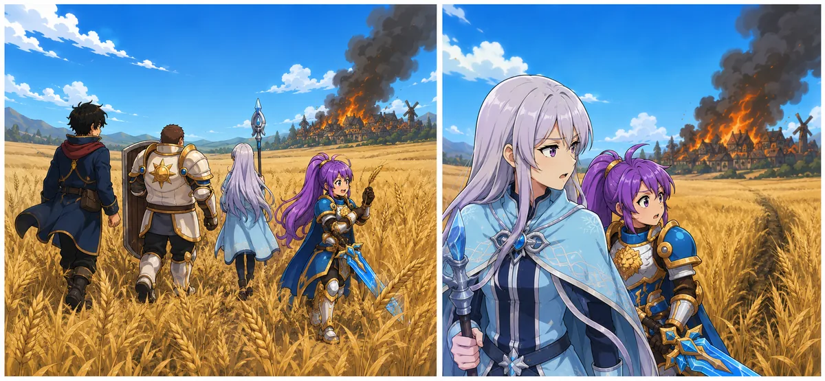 Smoke rises over a village as the group sets off through the wheat.