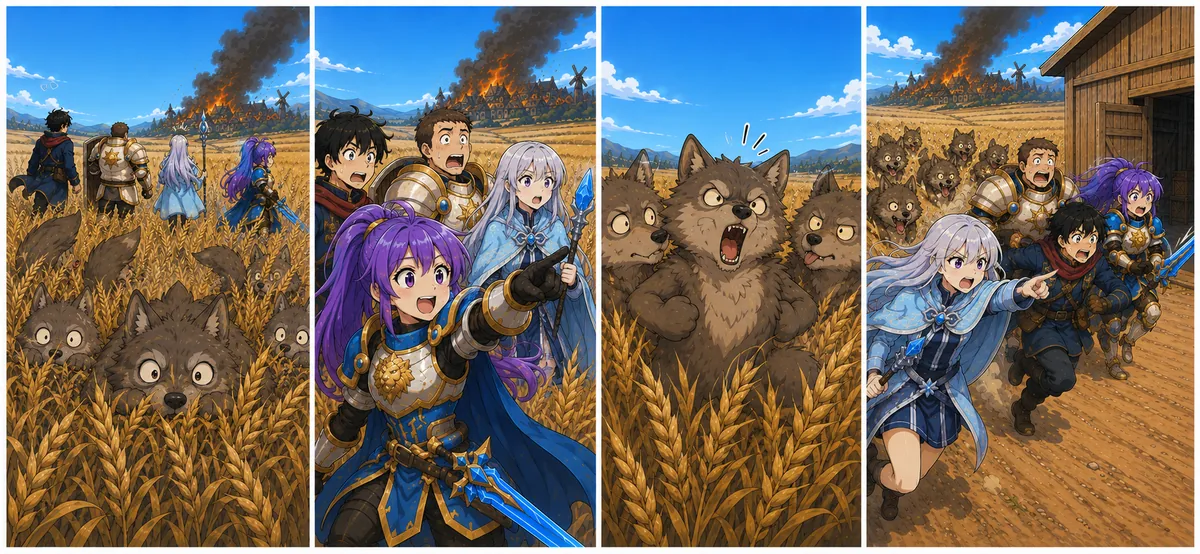 Wolves in the wheat. Lina points. Everybody runs.