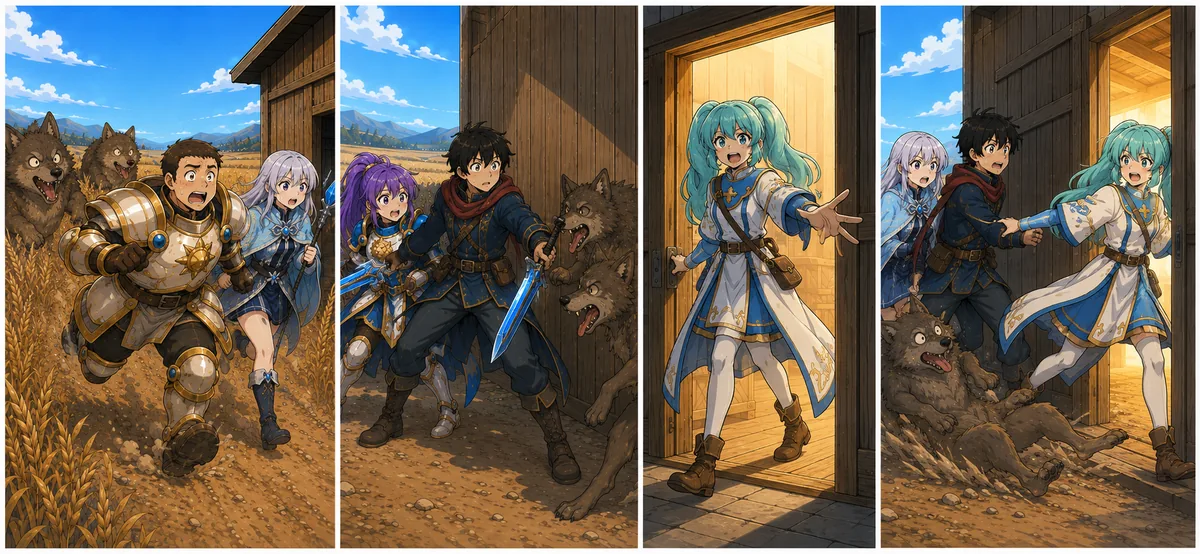 A barn door opens and Systa pulls them to safety.