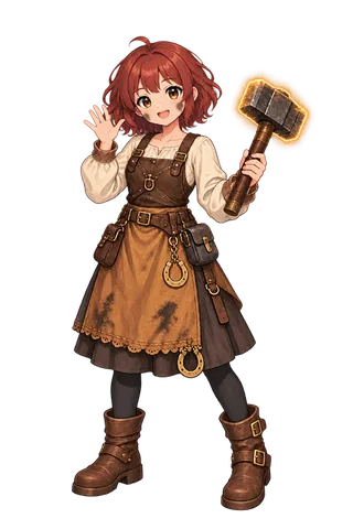 Tinka, the Forge apprentice, welcoming you with her hammer.