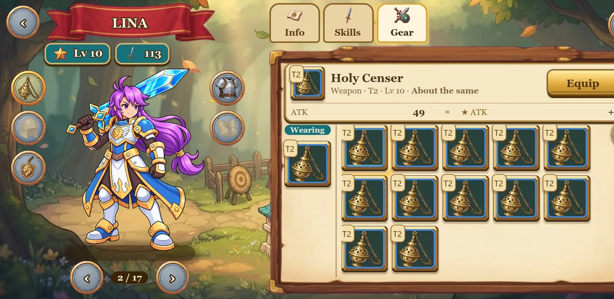 A gear card comparing a new piece with what the hero wears.