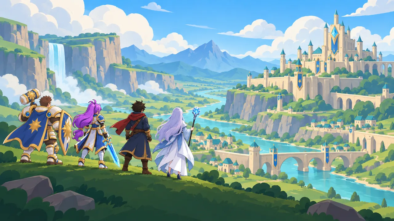 Key art: four adventurers stand on a green hill above a river valley, a waterfall and a pale castle.